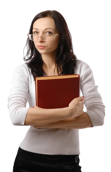 Cute woman with suspicious look and big book — Stock Photo, Image