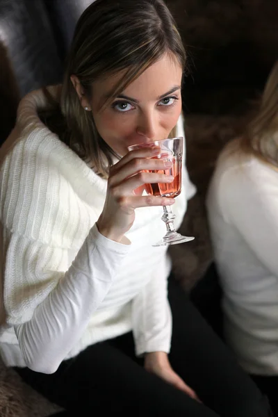 Woman drinking wine with friends — Stock Photo, Image