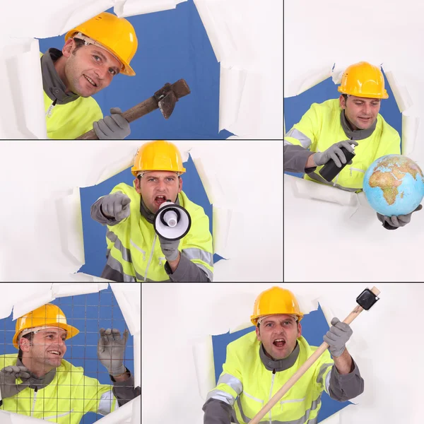 Collage of animated construction worker — Stock Photo, Image
