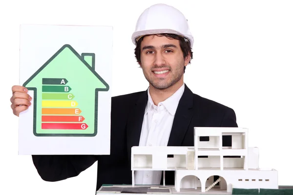 Arquitecto sosteniendo casa modelo y cartel de calificación energética — Foto de Stock