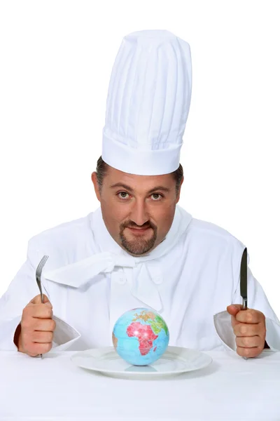 Chef comer planeta terra — Fotografia de Stock