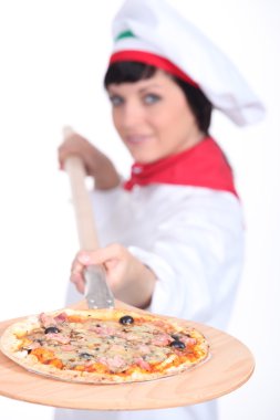 Pizza maker displaying her pizza clipart