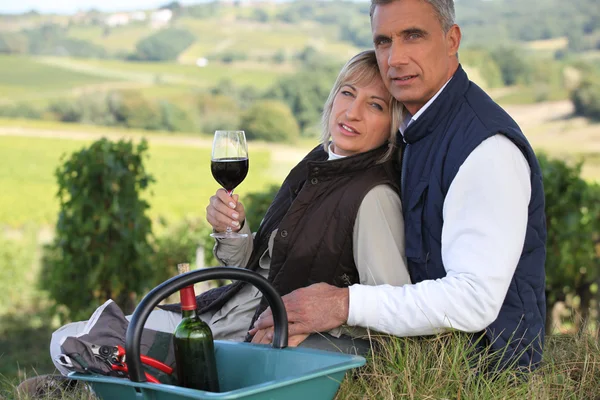 Agricoltore e moglie bere vino in un vigneto — Foto Stock