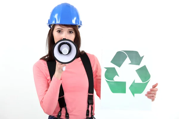 Woman promoting recycling — Stock Photo, Image
