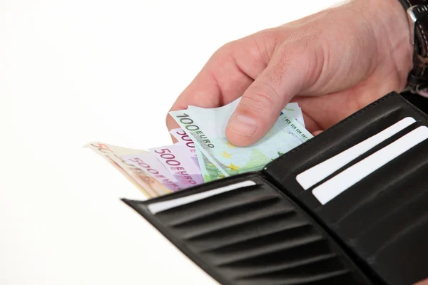 Человек с сотнями евро в бумажнике — стоковое фото