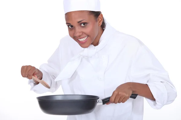 Female chef holding saucepan — Stock Photo, Image