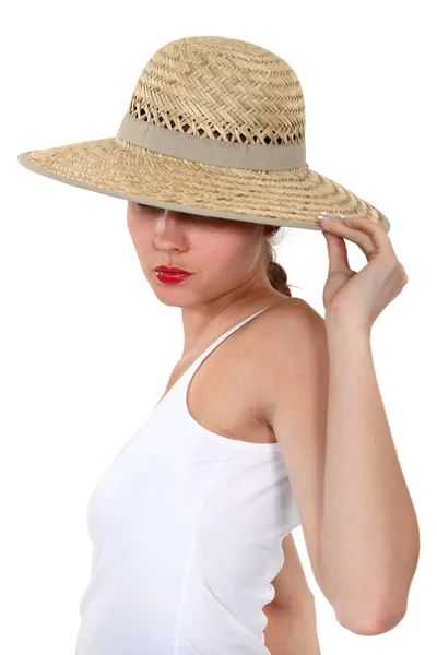 Woman hiding her face under a wide-brimmed hat Royalty Free Stock Images