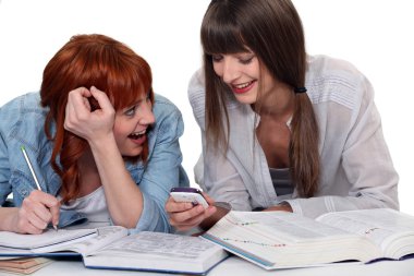 Two girlfriends studying and having fun together clipart