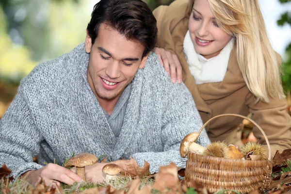 Casal com cesta cheia de cogumelos e castanhas — Fotografia de Stock