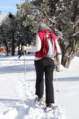 Woman retuning to chalet after cross country ski clipart