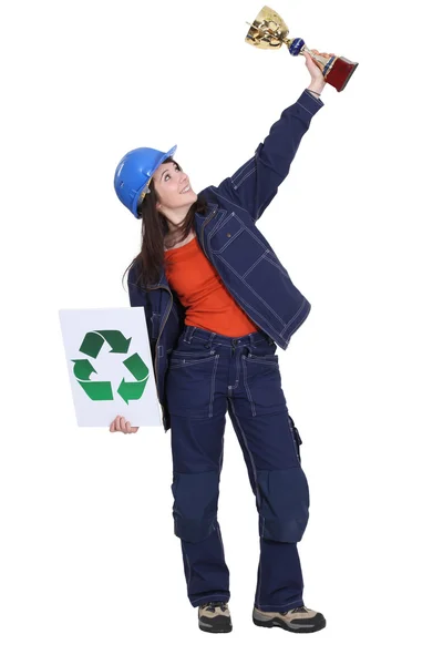 Woman awarded trophy for recycling efforts — Stock Photo, Image