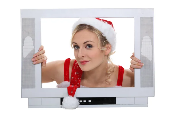 Lady Santa inside a television set — Stock Photo, Image