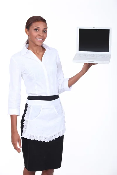 Waitress with computer — Stock Photo, Image