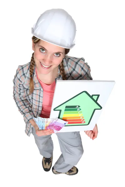Tradeswoman in possesso di un segno di valutazione dell'efficienza energetica e una mazzetta di denaro — Foto Stock