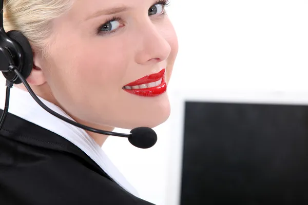 Blond call centre worker — Stok fotoğraf
