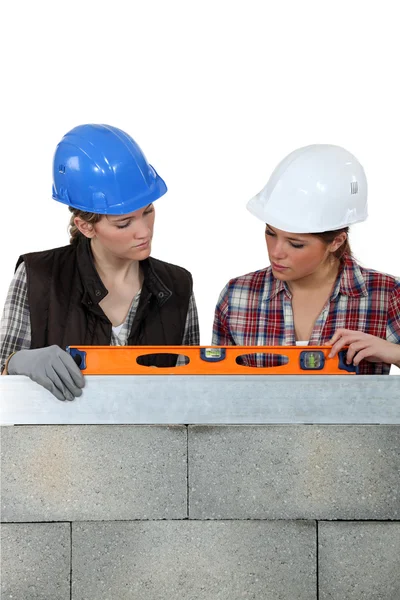 stock image Female builder with spirit-level