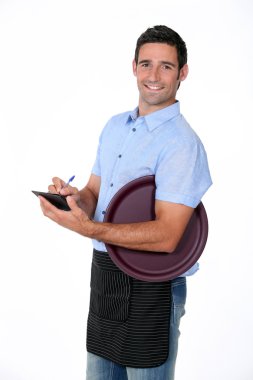 Casual waiter with tray and notepad clipart