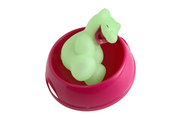 Squeaky toy in dog bowl — Stock Photo, Image