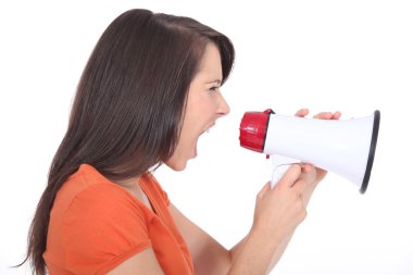 Woman screaming into a megaphone clipart