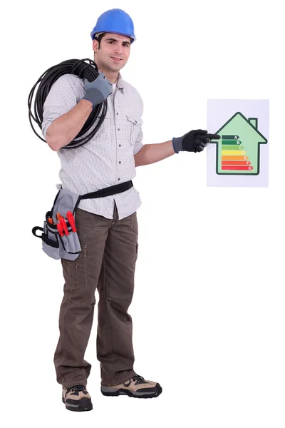 Electricista con un signo de calificación energética de la casa — Foto de Stock