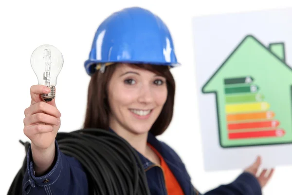 Mujer sosteniendo cartel de calificación de energía y bombilla —  Fotos de Stock