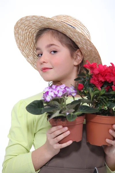 Girl with potted plants — Stock Photo, Image