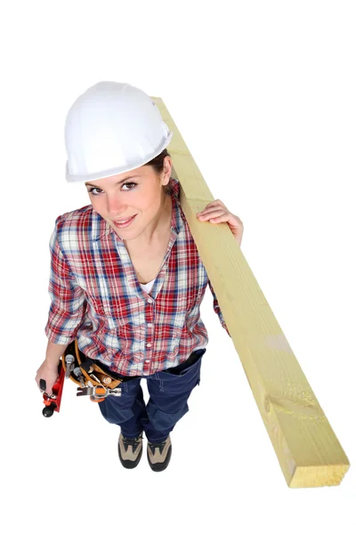 Hantverkerska innehar en planka — Stockfoto