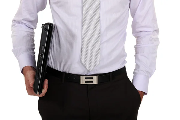 Close-up of businessman holding laptop — Stock Photo, Image