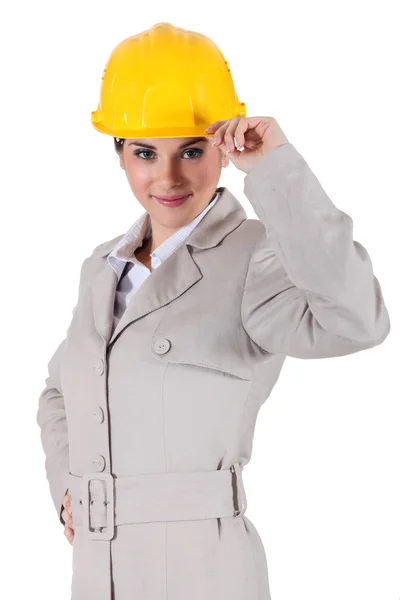 Mulher com terno cinza e capacete amarelo — Fotografia de Stock