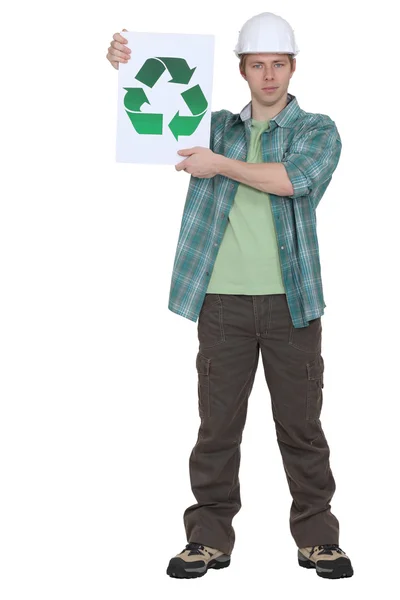 Εργάτες που κρατάει μια πινακίδα ανακύκλωσης — Φωτογραφία Αρχείου