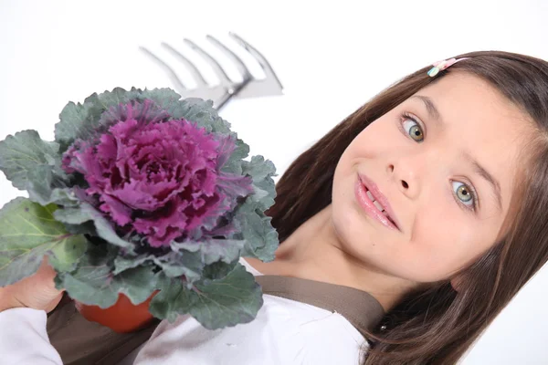 Petite fille tenant pot de plante et râteau — Photo