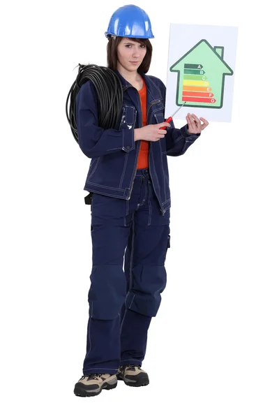 Woman laborer holding energy rating sign — Stock Photo, Image