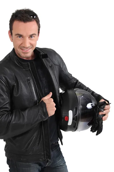 Motorcu holding kask — Stok fotoğraf
