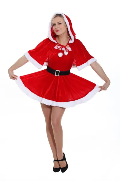 Senhora loira vestida como Miss Santa — Fotografia de Stock