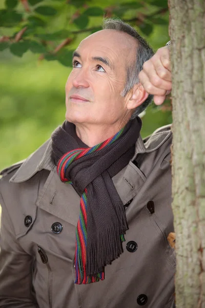 Retired man leaning against a tree — Stock Photo, Image