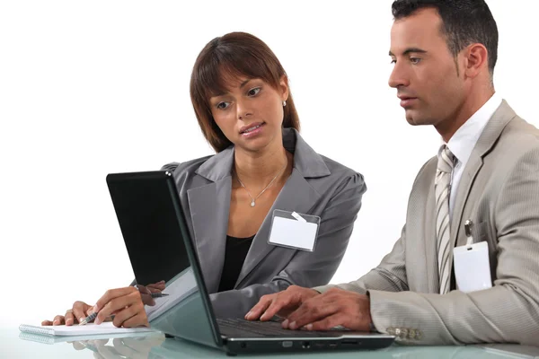 Dois visitantes de negócios trabalhando com laptop — Fotografia de Stock