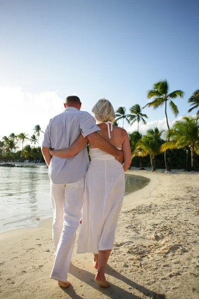 与棕榈树的沙滩上散步的情侣 — 图库照片