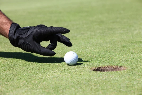 Hand att placera golfboll på gröna — Stockfoto