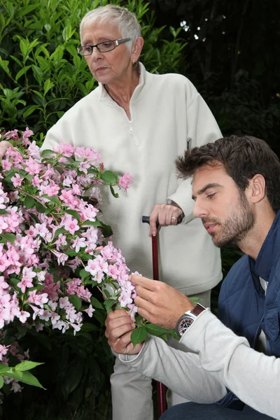 Jardinería de hombres jóvenes con mujeres mayores — Foto de Stock