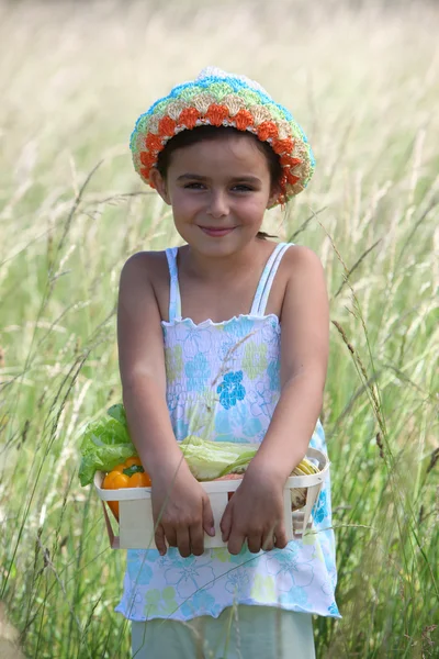 Klein meisje glimlachend in een veld — Stockfoto