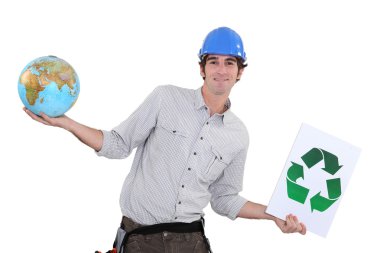 Craftsman holding a recycling label and a globe clipart