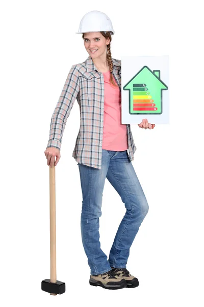 Builder with an energy rating sign — Stock Photo, Image