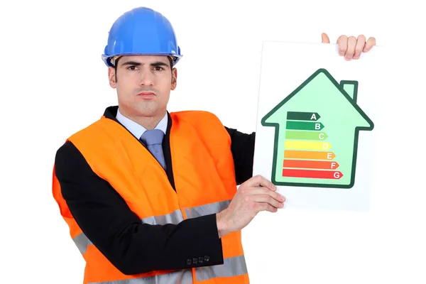 Surveyor drží energetické hodnocení plakát — Stock fotografie