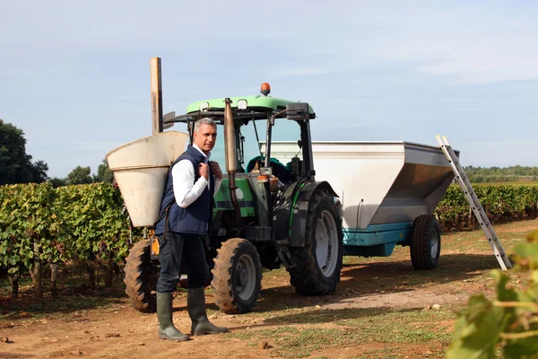 Un agriculteur se tenait près d'un tracteur sur un vignoble — Photo