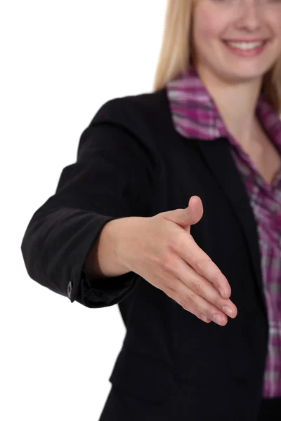 Woman holding her hand out for a handshake — Stock Photo, Image