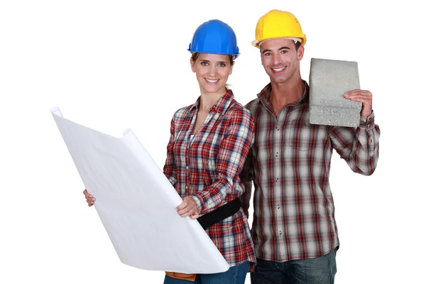Builders with flat concrete block — Stock Photo, Image