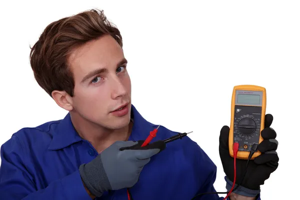 Electrician with meter reader — Stock Photo, Image