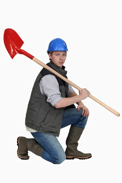 Portrait of bricklayer holding shovel — Stock Photo, Image