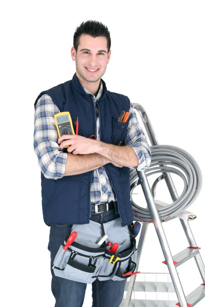 Eletricista com uma caixa de ferramentas — Fotografia de Stock