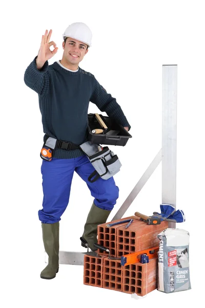 Mason stood with all his equipment — Stock Photo, Image